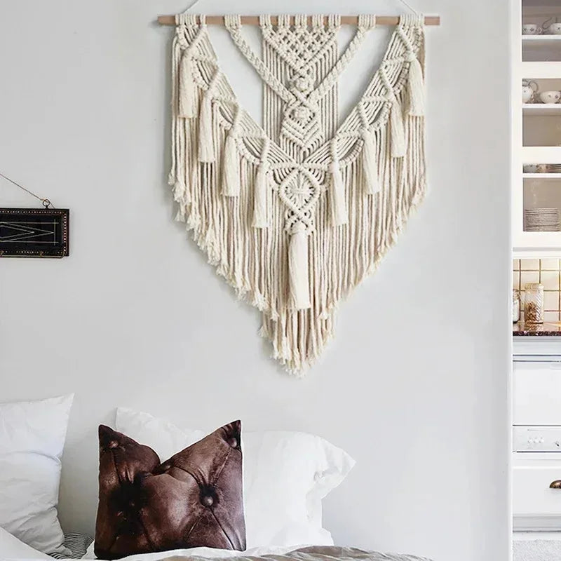 Handmade Macrame Wall Hanging, Boho Woven Tassel Wall Art, Bohemian Cotton Rope Tapestry for Bedroom Living Room Dorm Home Decor