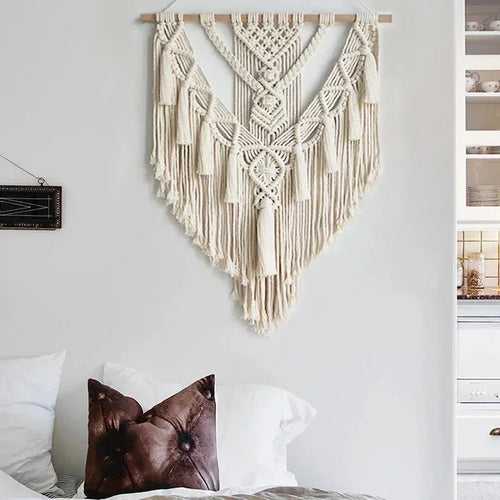 Handmade Macrame Wall Hanging, Boho Woven Tassel Wall Art, Bohemian Cotton Rope Tapestry for Bedroom Living Room Dorm Home Decor
