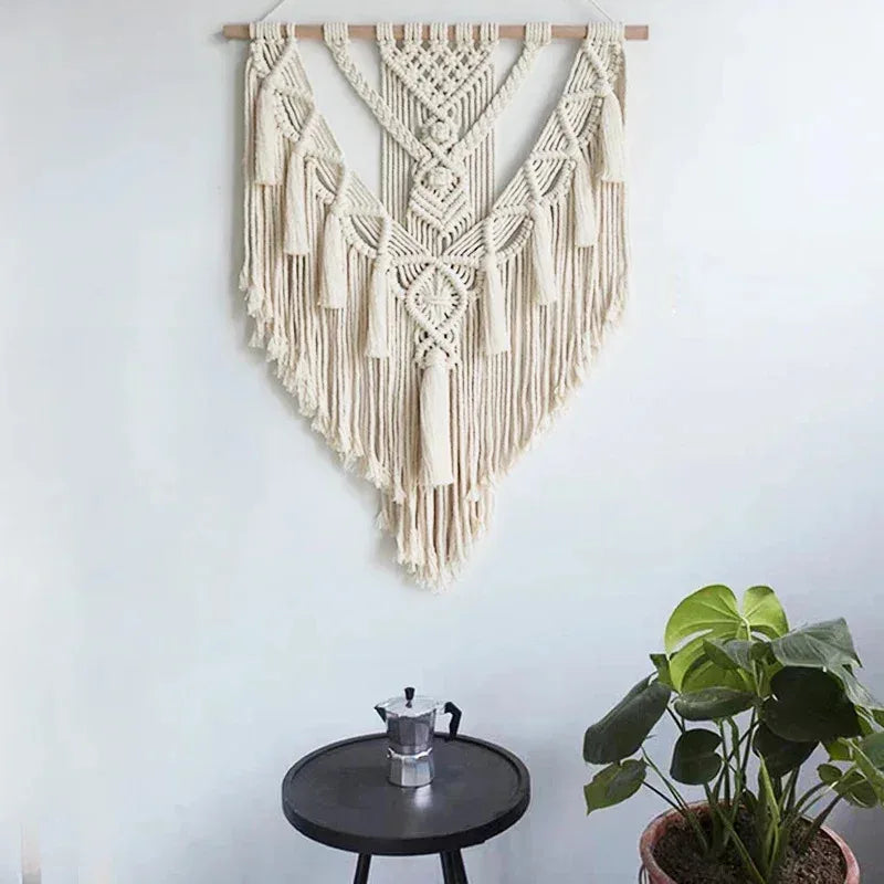 Handmade Macrame Wall Hanging, Boho Woven Tassel Wall Art, Bohemian Cotton Rope Tapestry for Bedroom Living Room Dorm Home Decor