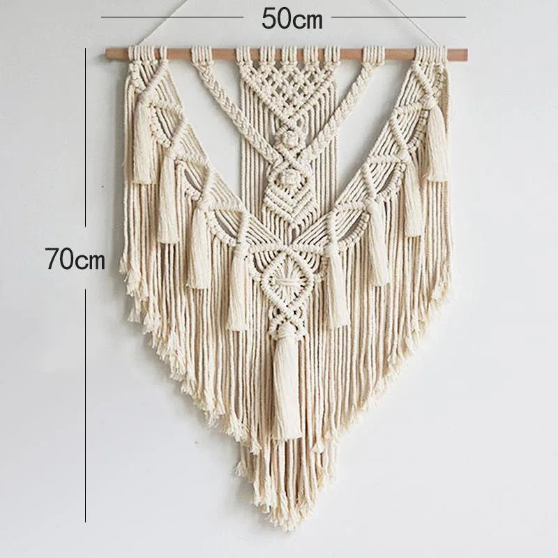 Handmade Macrame Wall Hanging, Boho Woven Tassel Wall Art, Bohemian Cotton Rope Tapestry for Bedroom Living Room Dorm Home Decor