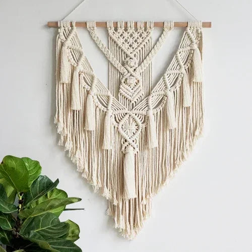 Handmade Macrame Wall Hanging, Boho Woven Tassel Wall Art, Bohemian Cotton Rope Tapestry for Bedroom Living Room Dorm Home Decor