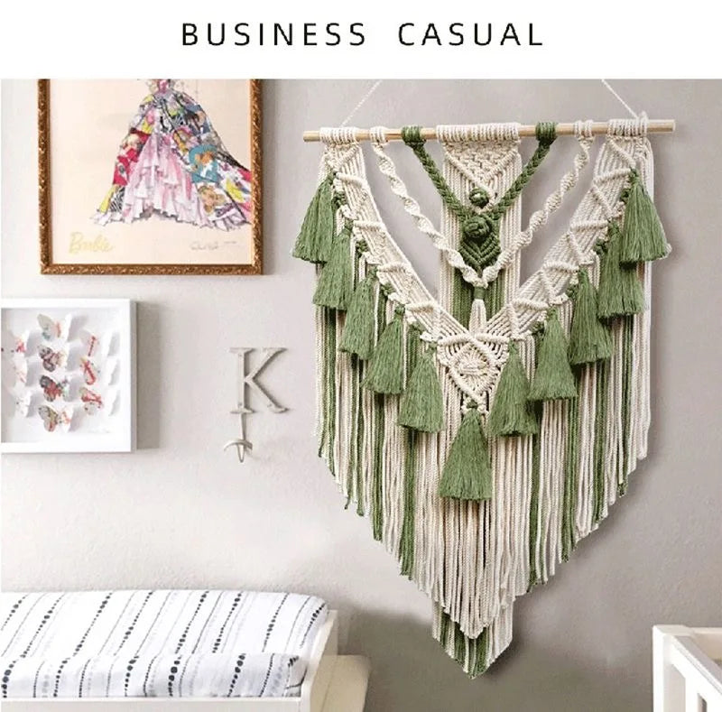 Handmade Macrame Wall Hanging, Boho Woven Tassel Wall Art, Bohemian Cotton Rope Tapestry for Bedroom Living Room Dorm Home Decor